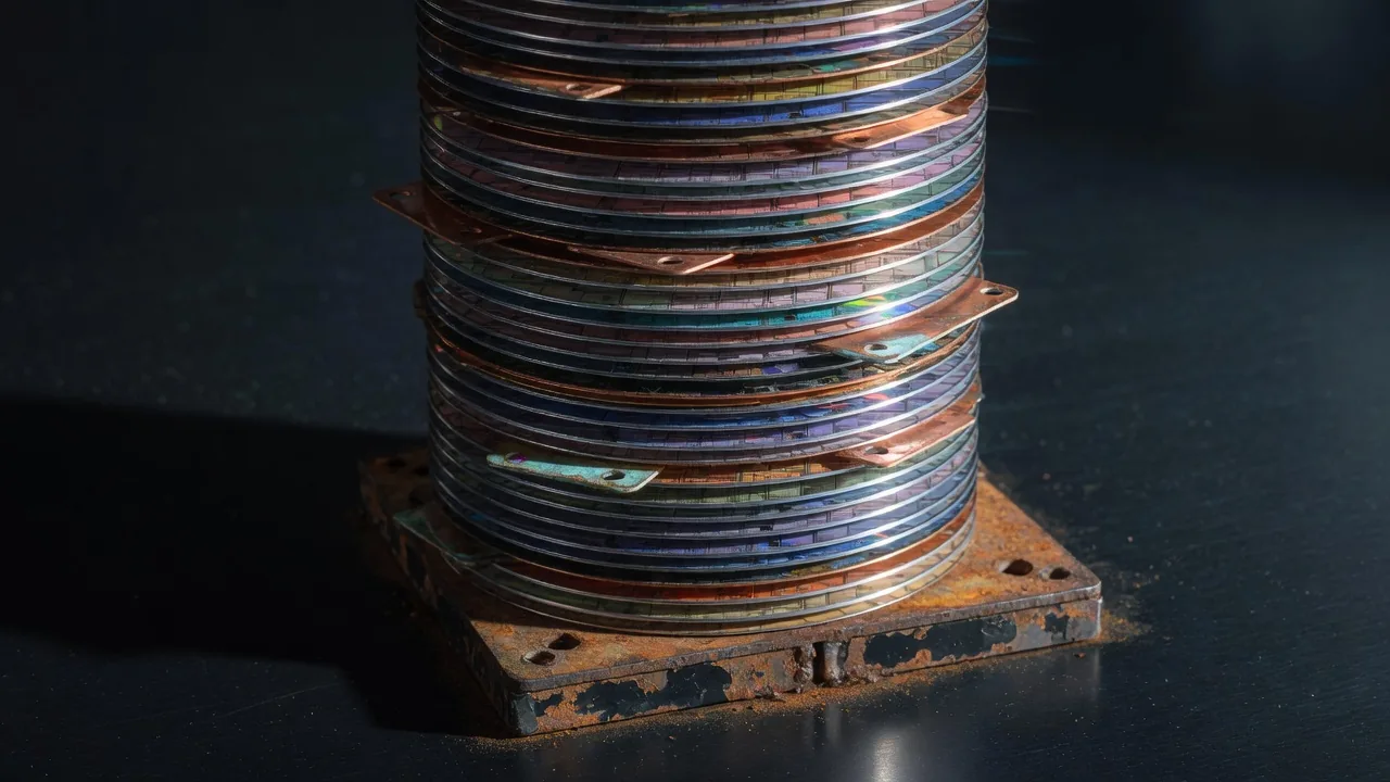 A dense stack of silicon wafers on a rusted iron base.